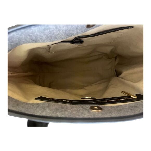 Tory Burch Wool Flannel Leather Trim Jaden Tote Shoulder Bag Black Gray Almost E - Picture 4 of 7
